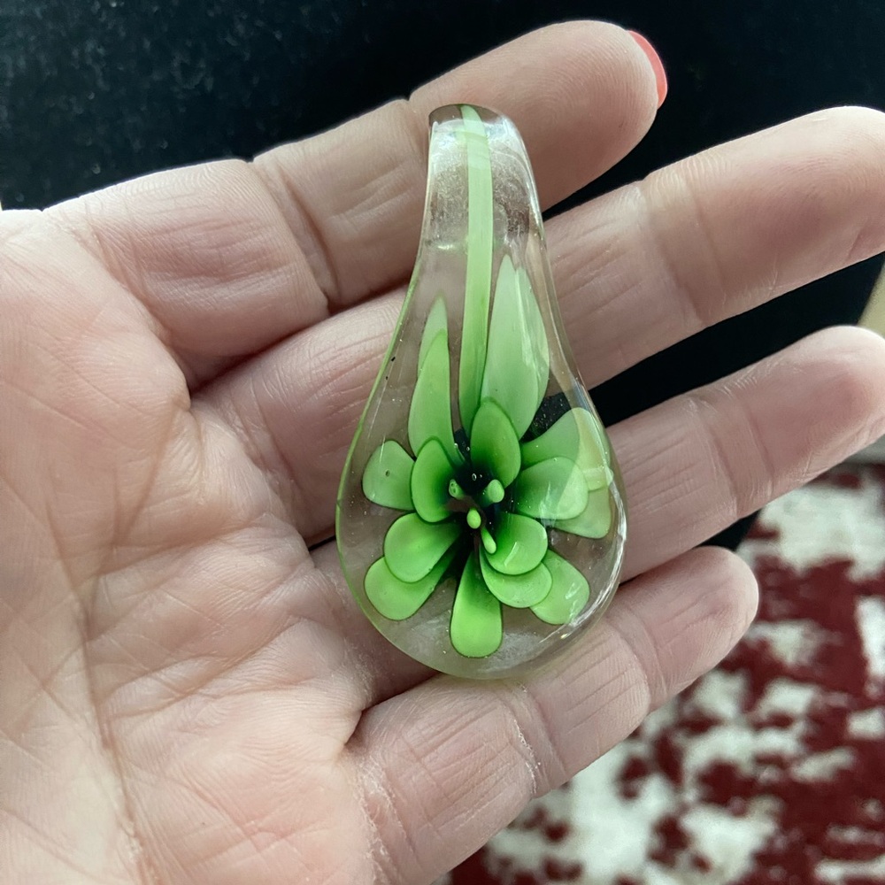 Handblown Clear Glass Green Flower Teardrop Pendant